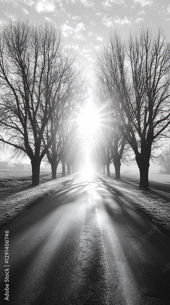 Obraz premium Sunbeams through trees on a misty road.