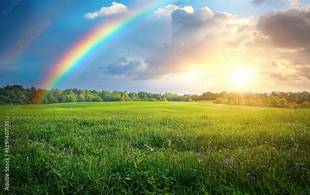 Naklejka premium A bright rainbow appearing over a lush green field