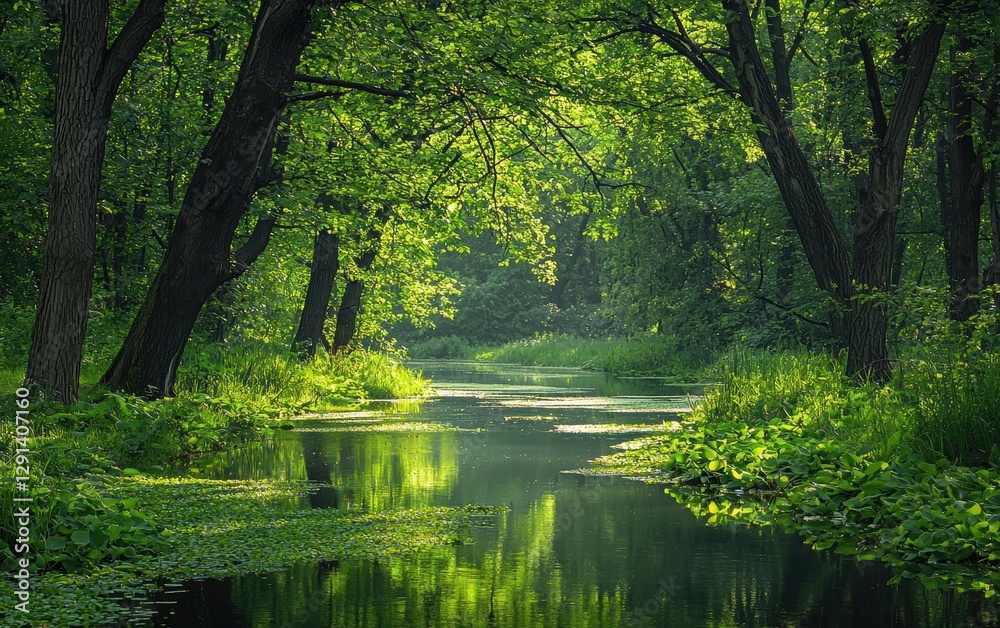 A peaceful riverbank covered in lush spring greenery A peaceful riverbank covered in lush spring greenery