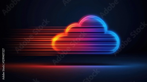 A vibrant, digital cloud icon with streaks of light moving swiftly, symbolizing speed and cloud technology.