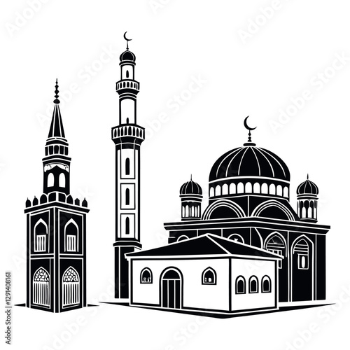 Islamic architecture slender minaret with arched windows,a domed structure with an ornate top.  