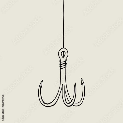 Fish Hook with Line Sketch Element. Fishing Lure Bait. Lineat Vector Illustration