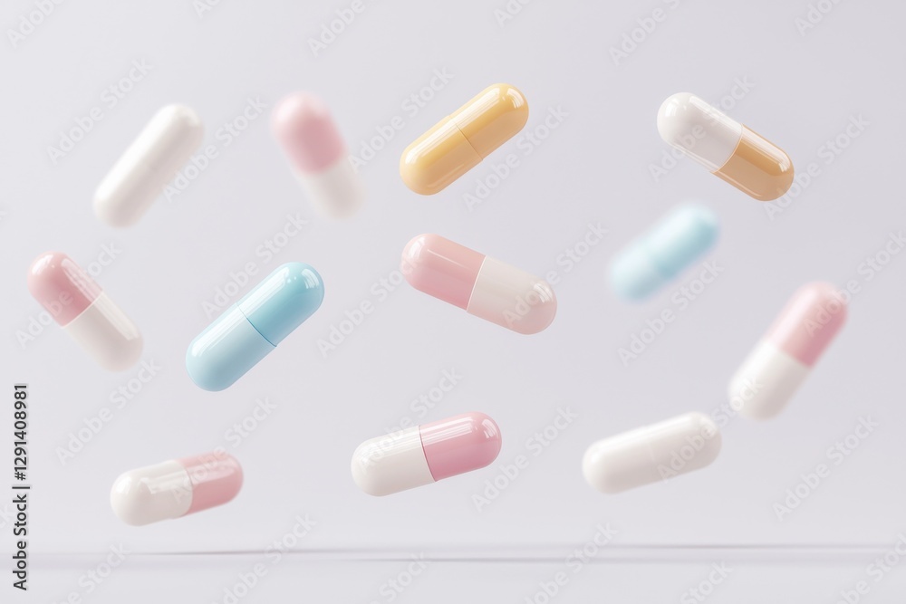Floating capsules colorful medicine in motion studio setting product photography bright atmosphere dynamic perspective Floating capsules colorful medicine in motion studio setting product photography bright atmosphere dynamic perspective