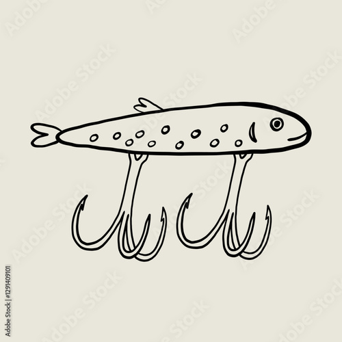 Fishing Lure Sketch Clipart. Fish Hook Bait. Linear Vector Illustration