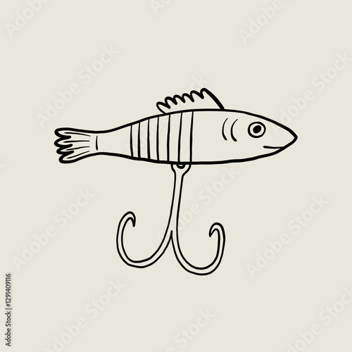 Fishing Lure Sketch Line. Fish Hook Bait. Linear Vector Illustration