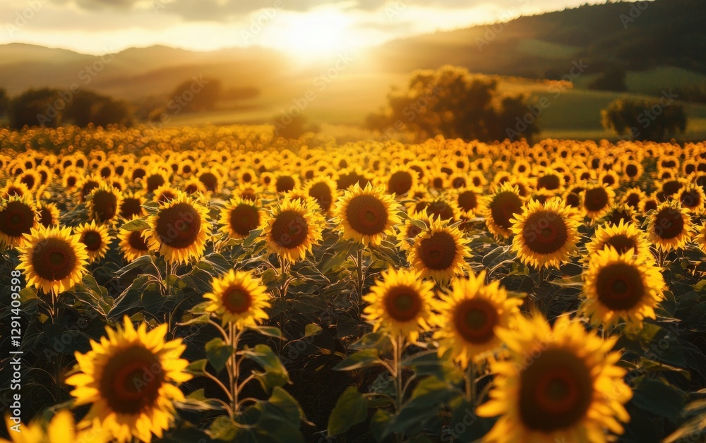 Fototapeta premium Endless sunflower fields bathed in warm golden sunlight