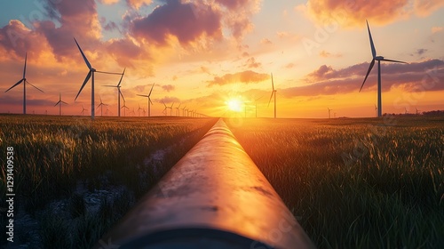 Scenic countryside landscape with a hydrogen pipeline network and wind turbines symbolizing the transition to clean renewable energy sources and a sustainable future  The image depicts a peaceful