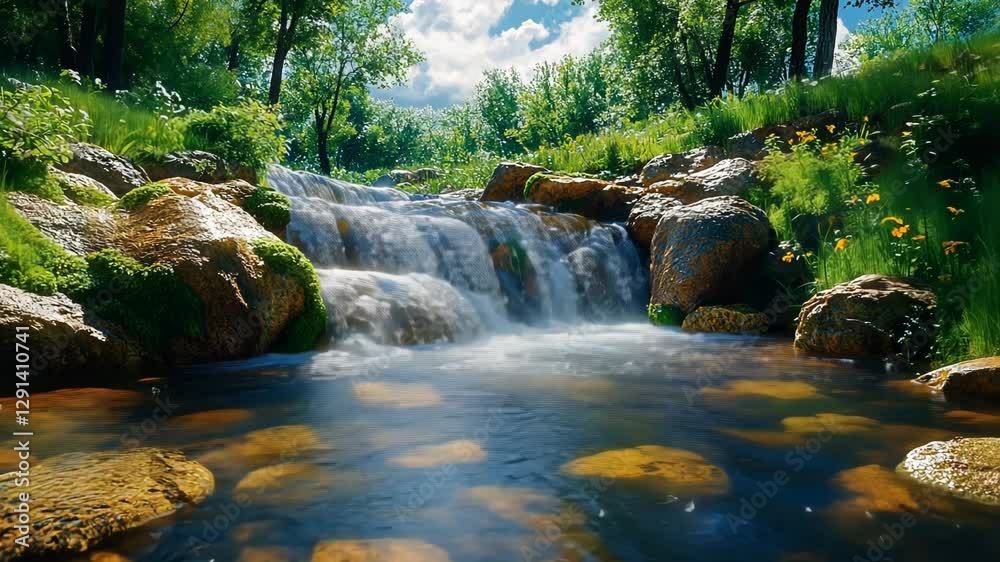 Crystal-clear water cascades down a waterfall, reflecting moving clouds, grass sway in the wind, creating a peaceful natural landscape in spring Crystal-clear water cascades down a waterfall, reflecting moving clouds, grass sway in the wind, creating a peaceful natural landscape in spring