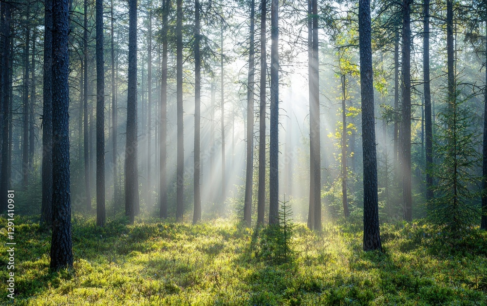 Obraz premium Misty morning in a pine forest with soft sunlight filtering through