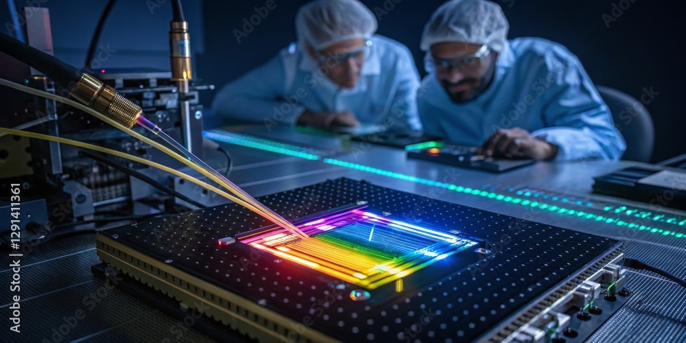 Researchers conduct experiments with colorful light patterns in advanced photonics lab during evening hours