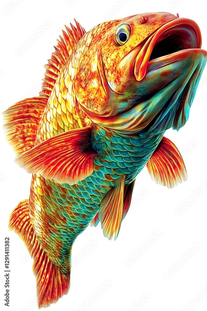 Fototapeta premium Animals, Fish, Cartoon, Art, Printable Image, with White Background, for Stickers, T-Shirt Print, Cap, Mug, Slipper, Mousepad