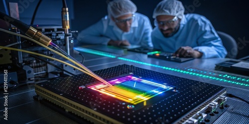 Obraz na płótnie Researchers conduct experiments with colorful light patterns in advanced photonics lab during evening hours w salonie