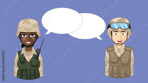 Graphics of a soldier and a female soldier with speech clouds. The characters are dressed in full combat gear, with helmets and bulletproof vests. There are speech bubbles next to the characters.
