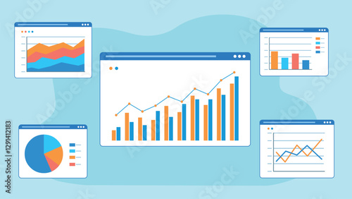 Vector graphics of data charts. Graphs are found on web page tiles. Illustration in flat design style. Pie chart, line chart and others.