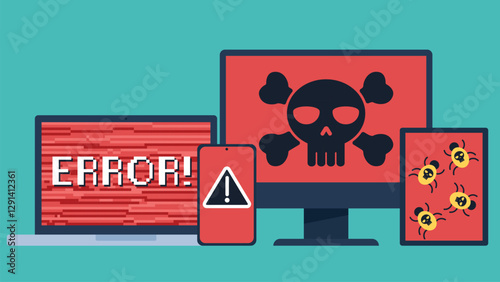 Flat design vectors of hacking computer hardware. Laptop with error message. Monitor screen with skull. Phone with warning and tablet with computer worms. Graphic illustration.