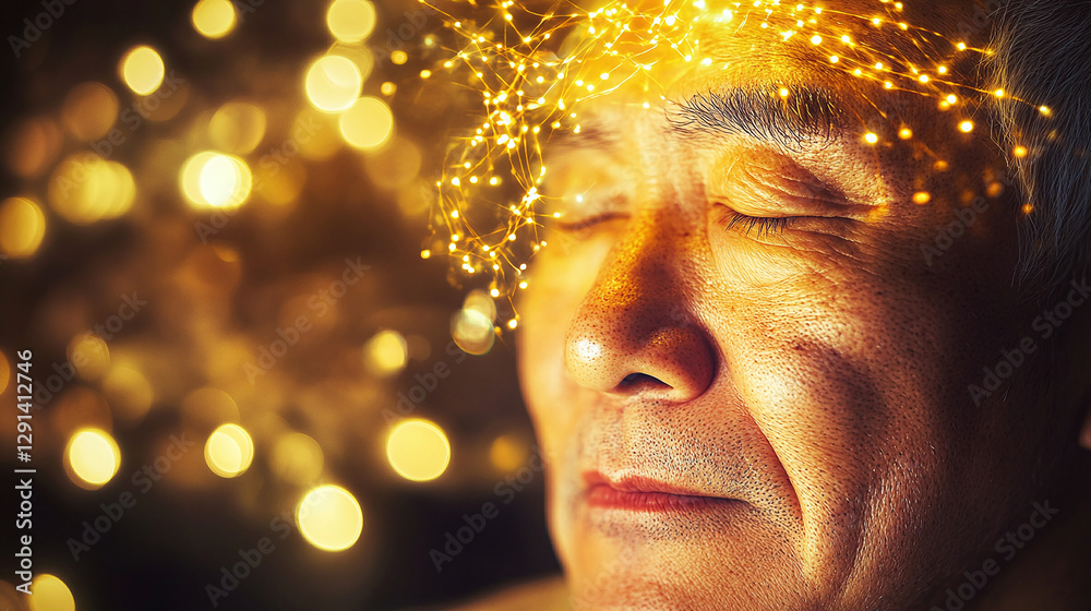 Illuminated Mind: An individual in peaceful contemplation, adorned with glowing light strands, symbolizing insight and mental clarity. Illuminated Mind: An individual in peaceful contemplation, adorned with glowing light strands, symbolizing insight and mental clarity.
