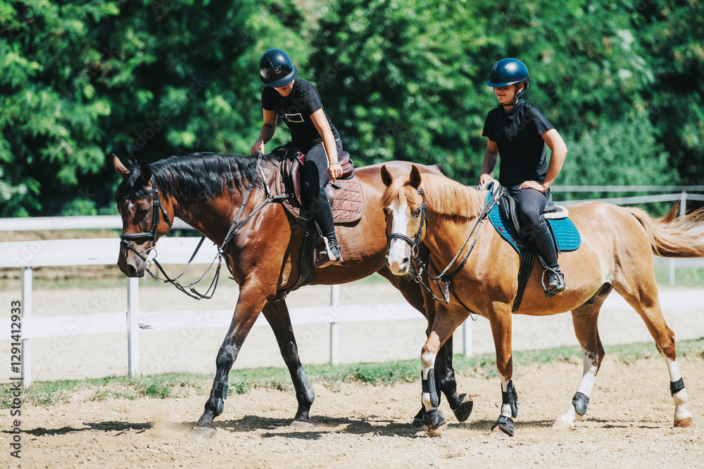 Two people participating in a relaxed horseback riding session on a sunny day, surrounded by green trees and equestrian fencing. They wear helmets and focus on their horses. Two people participating in a relaxed horseback riding session on a sunny day, surrounded by green trees and equestrian fencing. They wear helmets and focus on their horses.