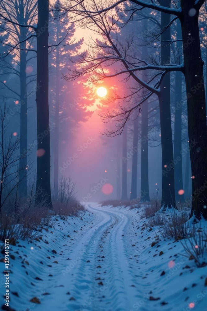 Misty forest at dusk with soft snowfall and tree branches, foggy, frosty Misty forest at dusk with soft snowfall and tree branches, foggy, frosty