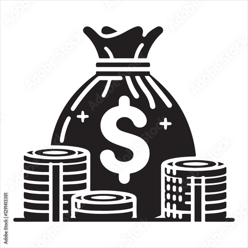 Money bag or stash of money flat icon silhouette vector