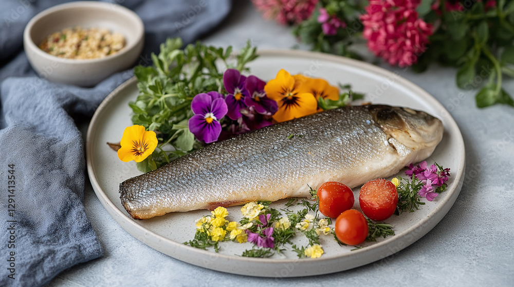 Plated fish with fresh herbs and flowers. A healthy and vibrant meal, beautifully presented and ready to be savored. Plated fish with fresh herbs and flowers. A healthy and vibrant meal, beautifully presented and ready to be savored.