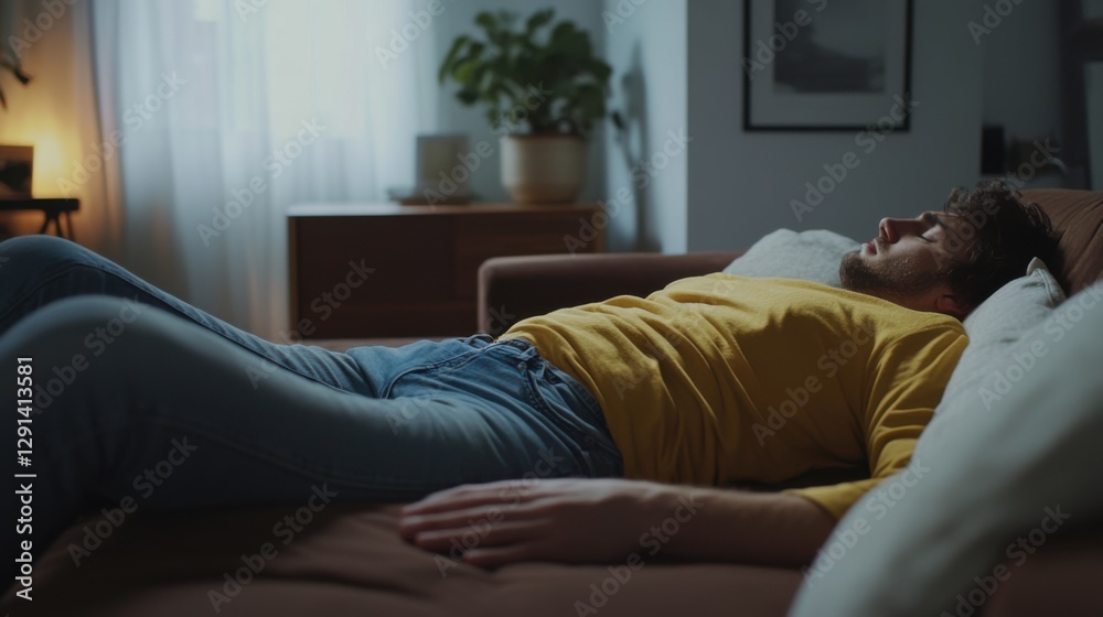 Abdominal pain from bloating, a person lying on a sofa with a hand on their stomach. Featuring discomfort and digestive relief Abdominal pain from bloating, a person lying on a sofa with a hand on their stomach. Featuring discomfort and digestive relief