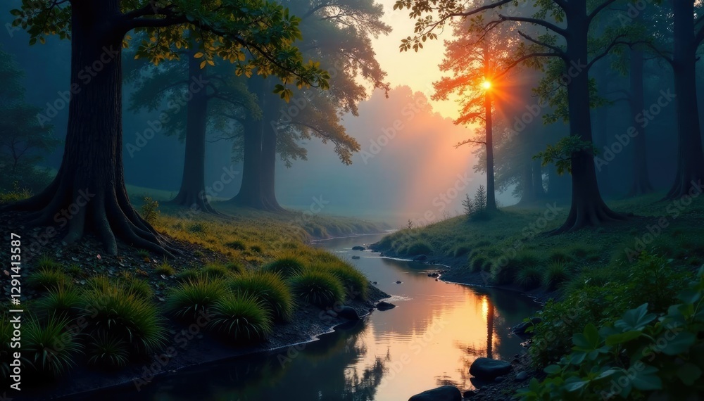 Fototapeta premium Misty forest at dusk with a winding creek in the foreground, foliage, peaceful, trees