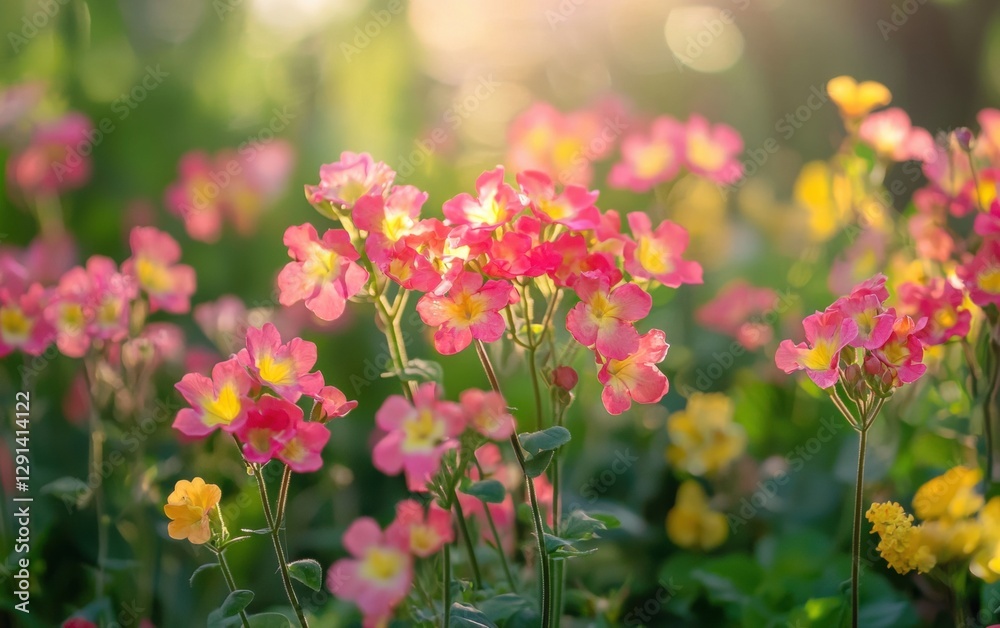 Obraz premium Vibrant pink and yellow flowers glowing in morning sunlight