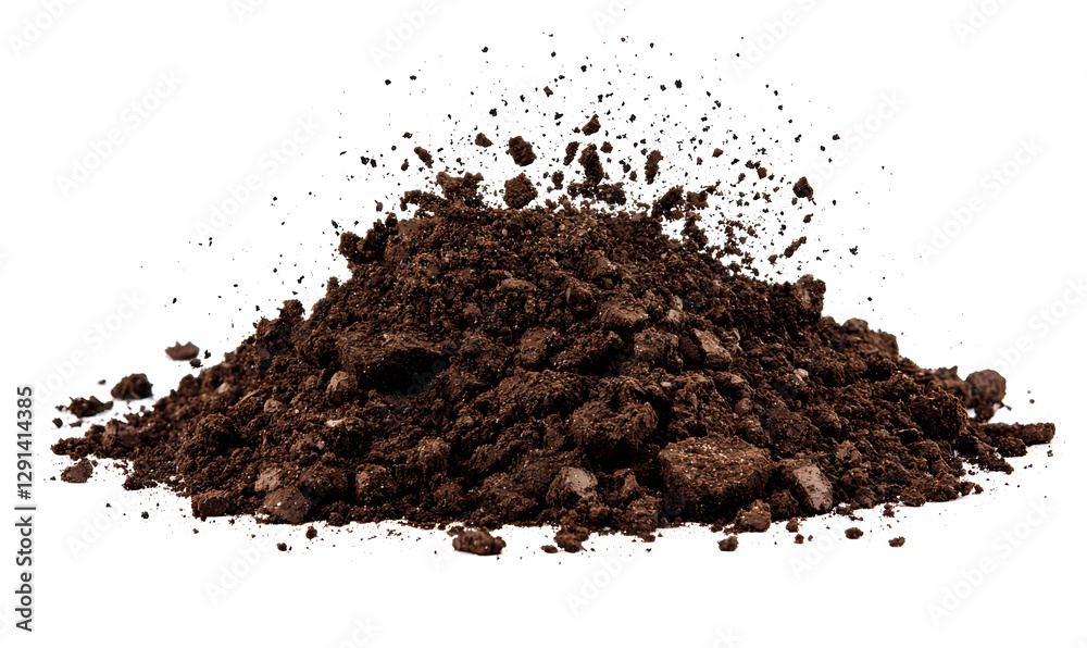 Brown Soil Pile with Flying Particles Isolate on White Background Brown Soil Pile with Flying Particles Isolate on White Background