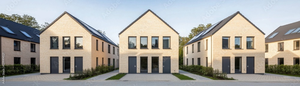Wide angle view of modern residential architecture in suburban development and urban aesthetic design Wide angle view of modern residential architecture in suburban development and urban aesthetic design