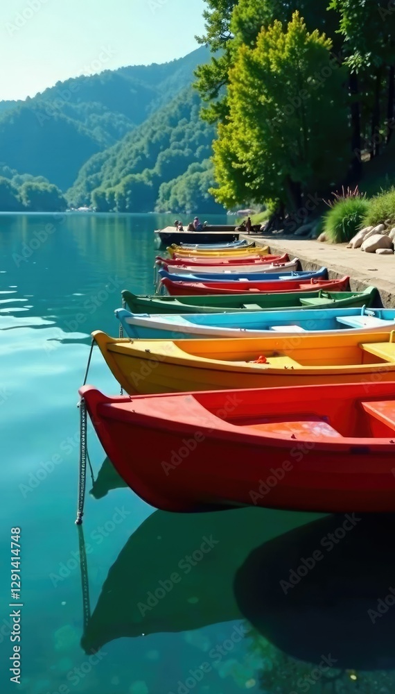 Obraz premium Row of colorful boats on lake surface reflected in calm water, summer, reflection, reflection