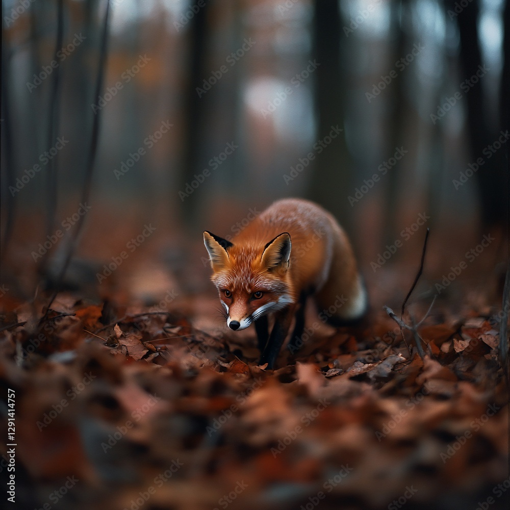 Naklejka premium Red fox walking in autumn forest; nature wallpaper