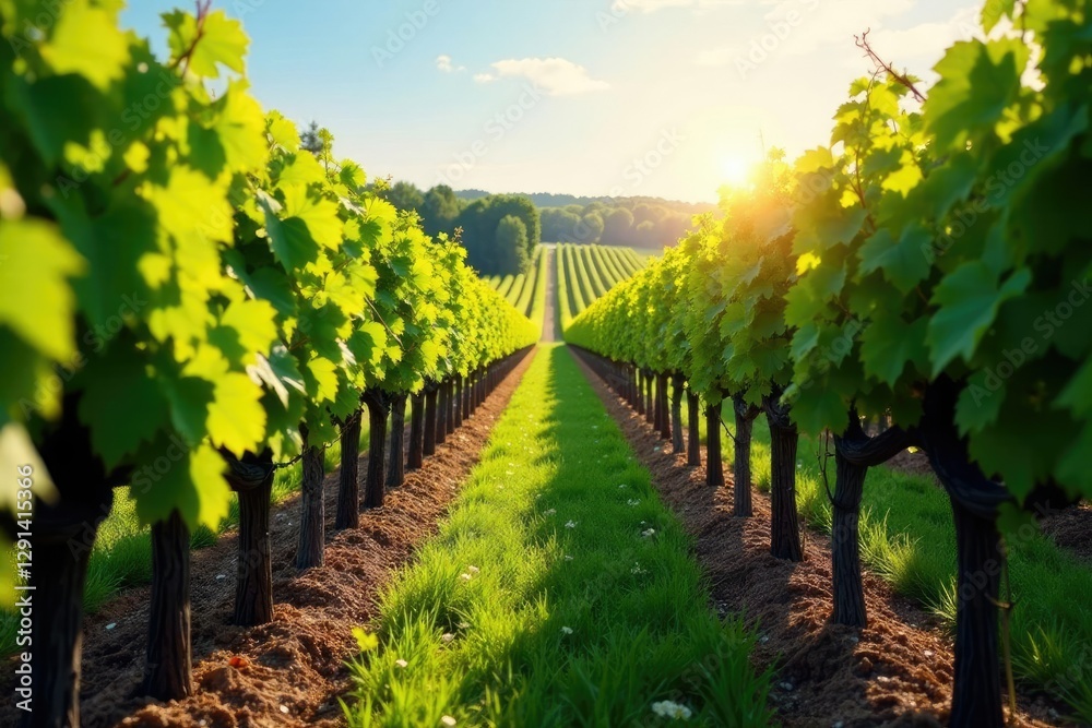 Naklejka premium rows of vines with sunlight filtering through leaves, rustic, vineyard landscape, grapes
