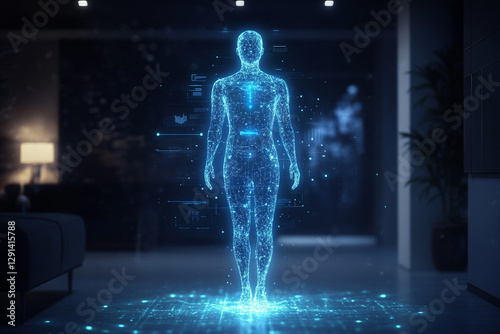 Holographic human body model displayed in a modern interior setting with digital data overlays.