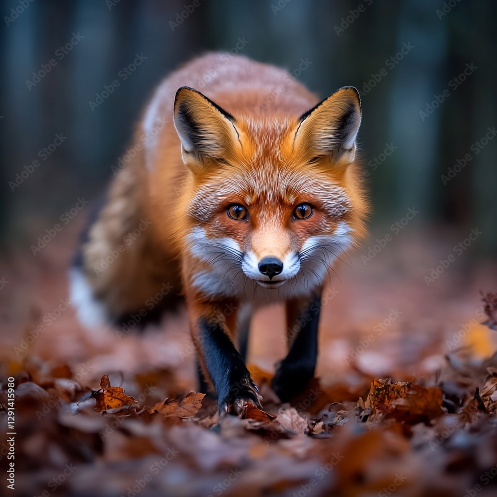 Naklejka premium Red fox walking in autumn forest, leaves, wildlife