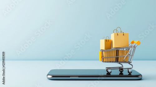 Smartphone with Shopping Cart and Yellow Paper Bags Representing Online Shopping and E-commerce Concept on Light Background