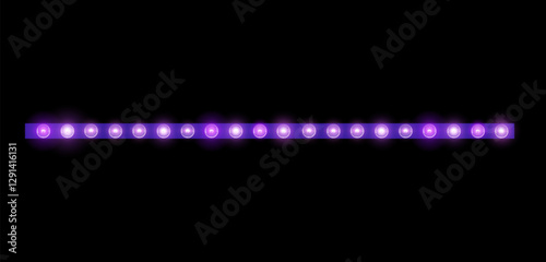 Glowing line garland with lilac light bulbs, vector shiny lamp border, holiday decoration neon illumination, billboard