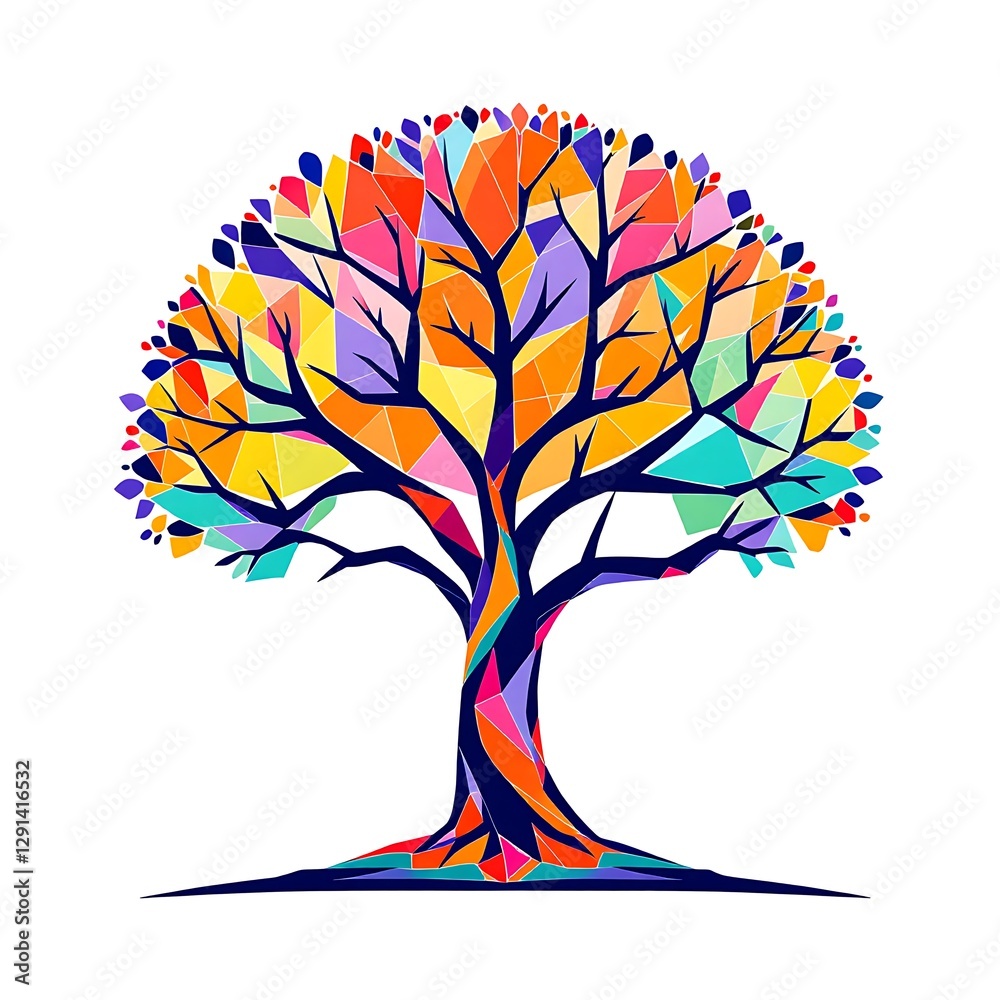 Naklejka premium Vibrant Geometric Tree with Colorful Foliage Representing Growth and Interconnectedness of Life