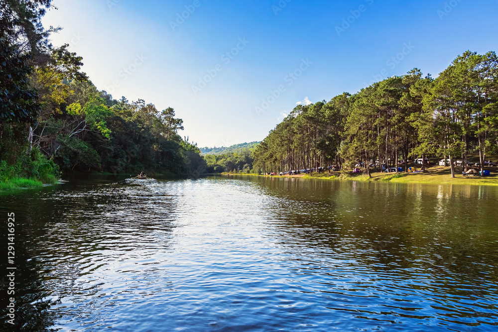 Beautiful destination nature lake and forest of Pang Oung lake and pine forest in Mae Hong Son, Thailand. Nature landscape. Environmental friendly outdoor activity and camping surrounded by valley. Beautiful destination nature lake and forest of Pang Oung lake and pine forest in Mae Hong Son, Thailand. Nature landscape. Environmental friendly outdoor activity and camping surrounded by valley.