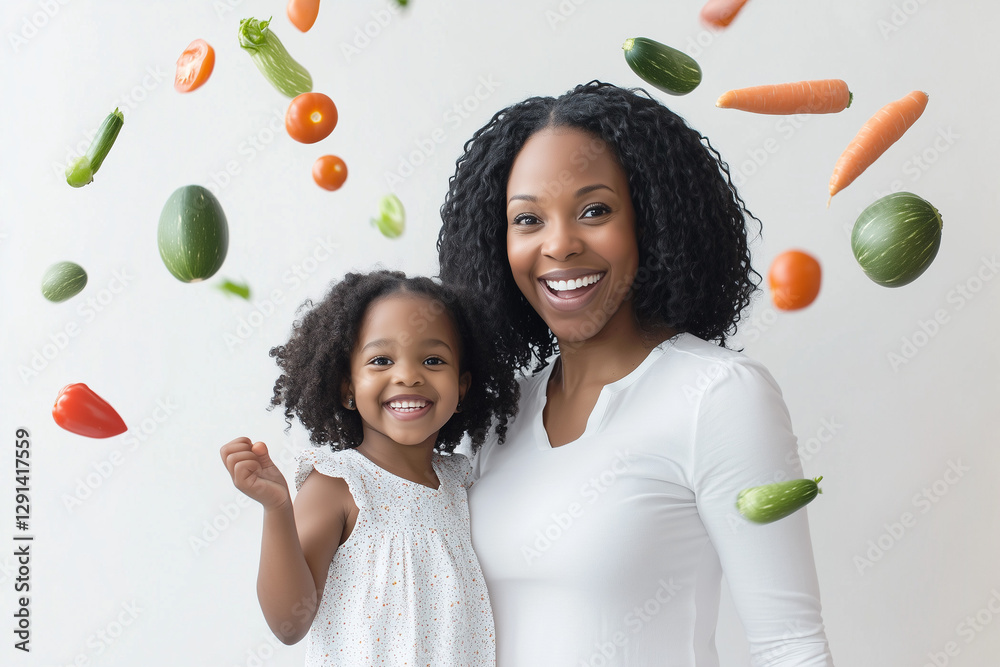 Happy smiling African American mother and girl looking at vegetables floating above their heads - healthy eating and nutrition concept Happy smiling African American mother and girl looking at vegetables floating above their heads - healthy eating and nutrition concept