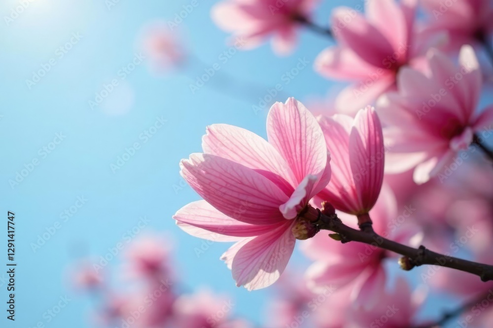 Obraz premium Soft pink petals unfurl in gentle breeze under clear blue sky, spring, trees