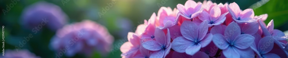 Soft pink purple petals of hydrangea bloom in morning dew, blue undertones, serene garden, morning dew Soft pink purple petals of hydrangea bloom in morning dew, blue undertones, serene garden, morning dew