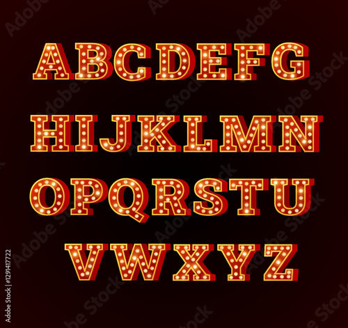 Vector illustration of English alphabet letters with lights in retro circus style.