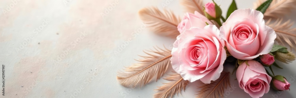 Fototapeta premium Soft pink vintage rose bouquet with delicate chicken feather texture background, floral, feminine, feathers