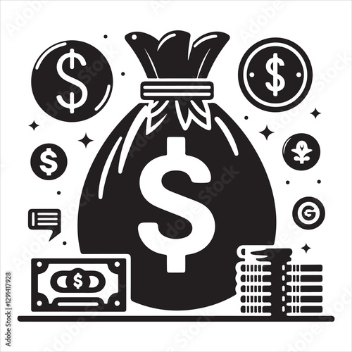 Money bag or stash of money flat icon silhouette vector