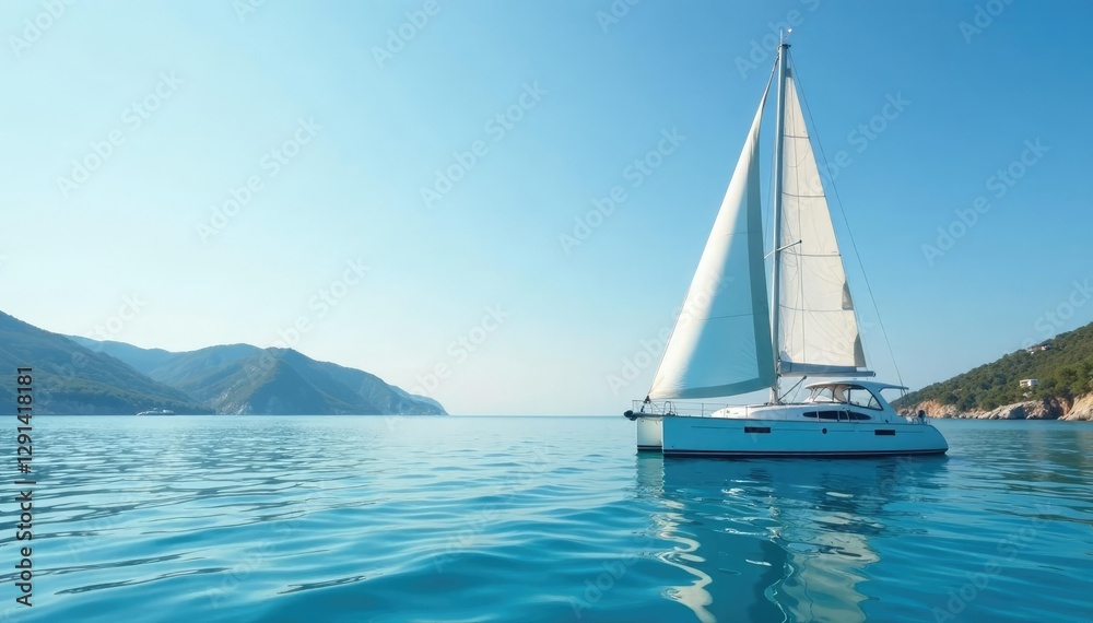Fototapeta premium Sailboat with white sail anchored offTurkish Bay shore, nautical, yacht in the bay