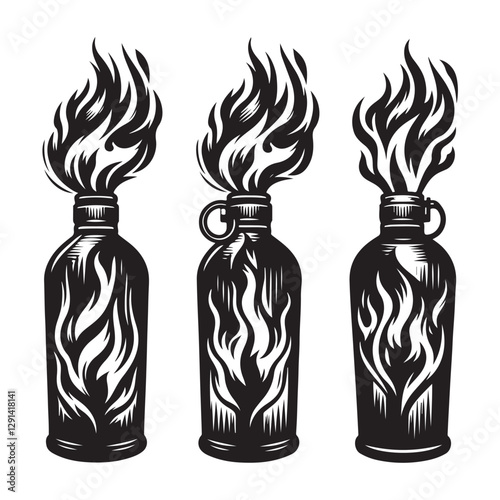 Molotov cocktail, symbolizing rebellion, protest, and street crime. Designed in a bold street art and tattoo style, flames emphasizing the intensity. Vector illustration set on fire Molotov cocktail 