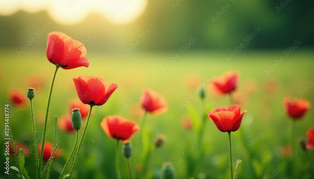 Fototapeta premium Soft pink petals of red poppies sway gently in the breeze amidst lush green grass, cosmos, field