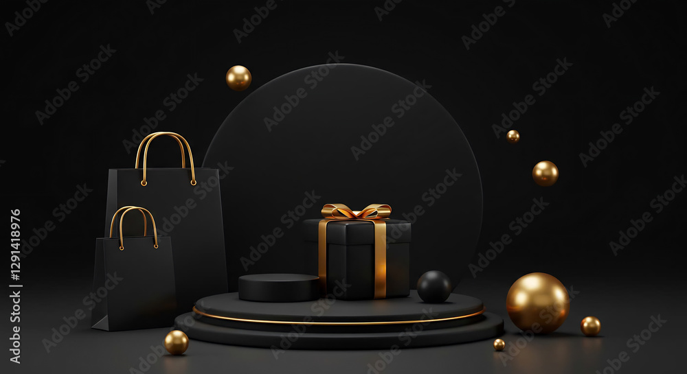 Black and Gold Gift Presentation with Shopping Bags on a Dark Background Black and Gold Gift Presentation with Shopping Bags on a Dark Background