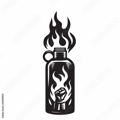Molotov cocktail, symbolizing rebellion, protest, and street crime. Designed in a bold street art and tattoo style, flames emphasizing the intensity. Vector illustration set on fire Molotov cocktail 
