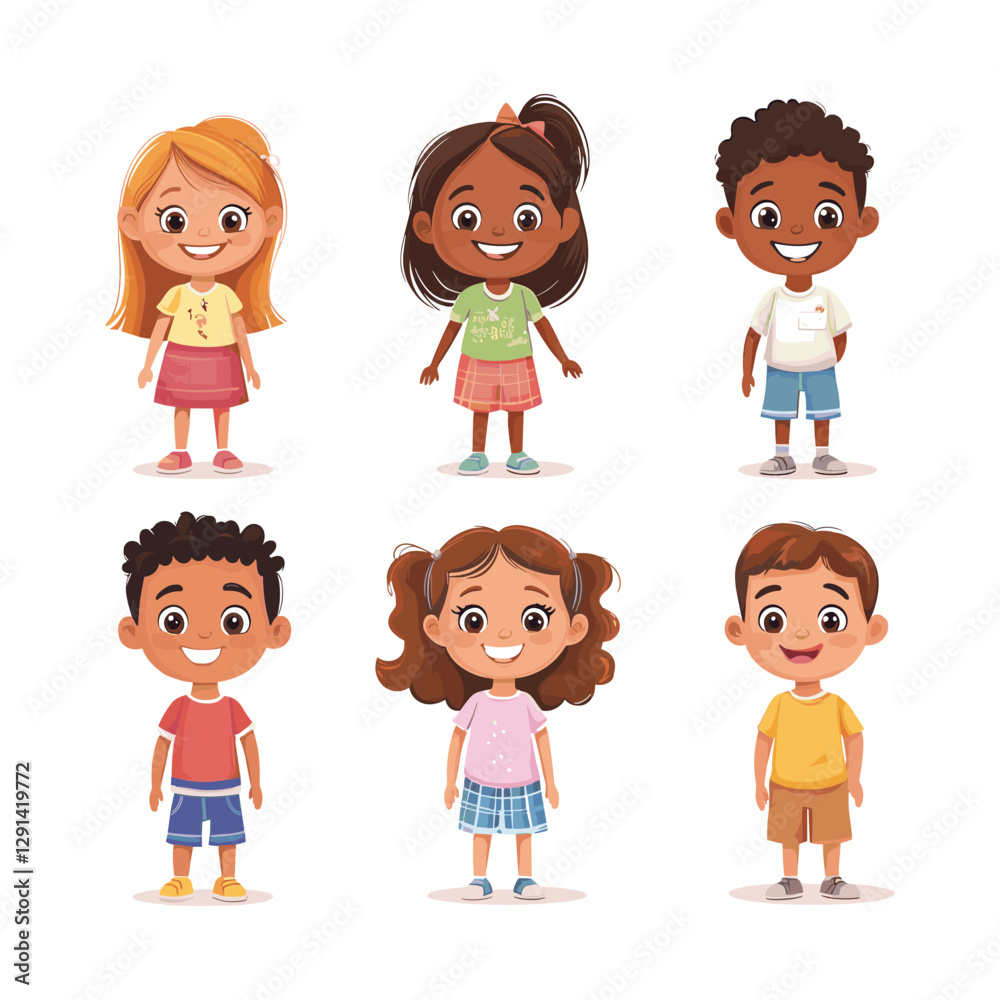 Set of Happy multiethnic preschool girls and boy standing in different expression, Cute Children Characters Set of Happy multiethnic preschool girls and boy standing in different expression, Cute Children Characters